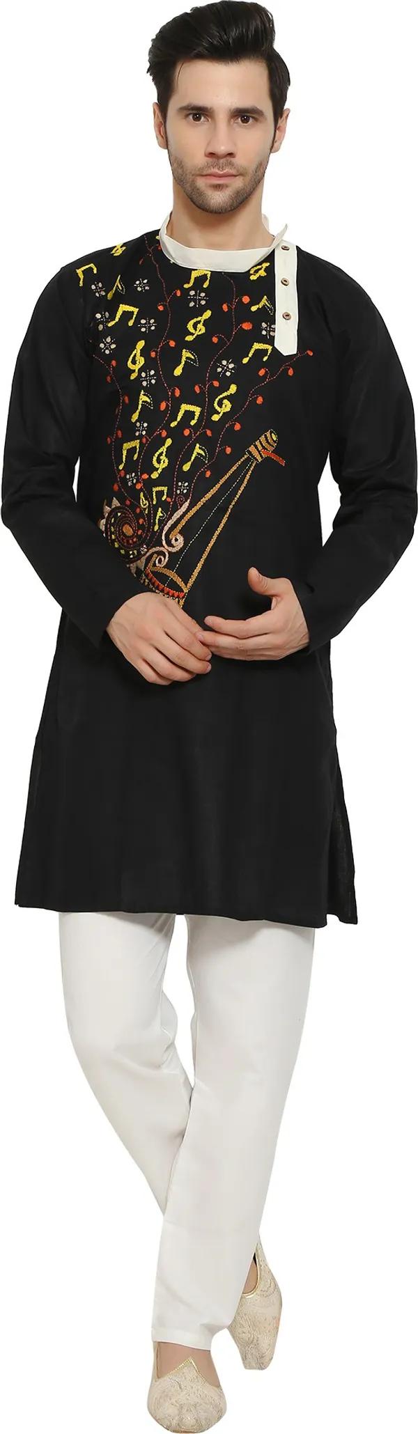 Black_&_White_Cotton_Blend_Round_Neck_Embroidered_Kurta_&_Pyjama_Set_For_Men