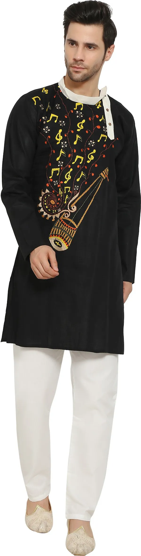 Black_&_White_Cotton_Blend_Round_Neck_Embroidered_Kurta_&_Pyjama_Set_For_Men