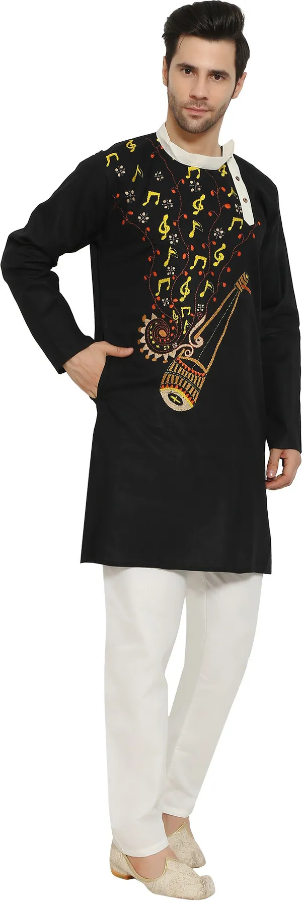 Black_&_White_Cotton_Blend_Round_Neck_Embroidered_Kurta_&_Pyjama_Set_For_Men