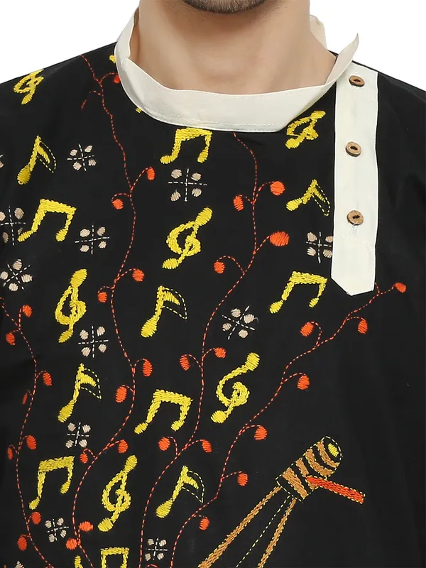 Black_&_White_Cotton_Blend_Round_Neck_Embroidered_Kurta_&_Pyjama_Set_For_Men