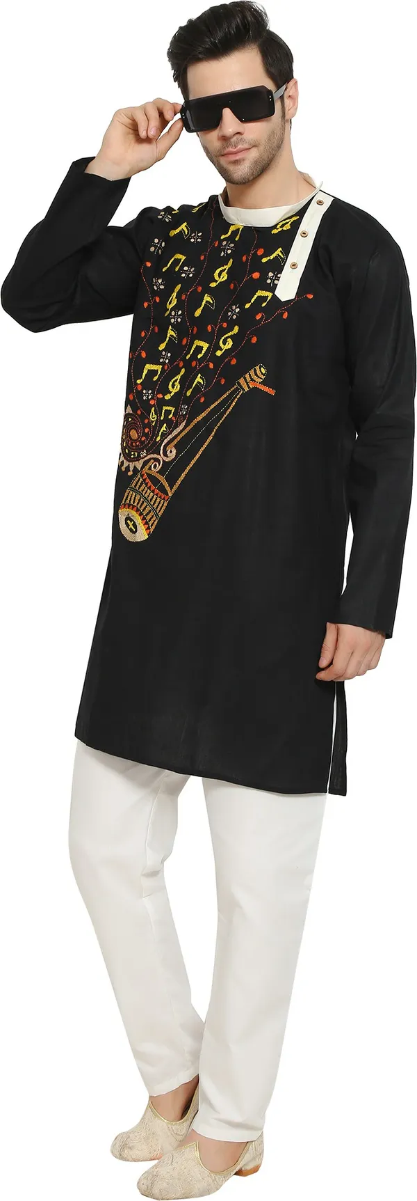 Black_&_White_Cotton_Blend_Round_Neck_Embroidered_Kurta_&_Pyjama_Set_For_Men