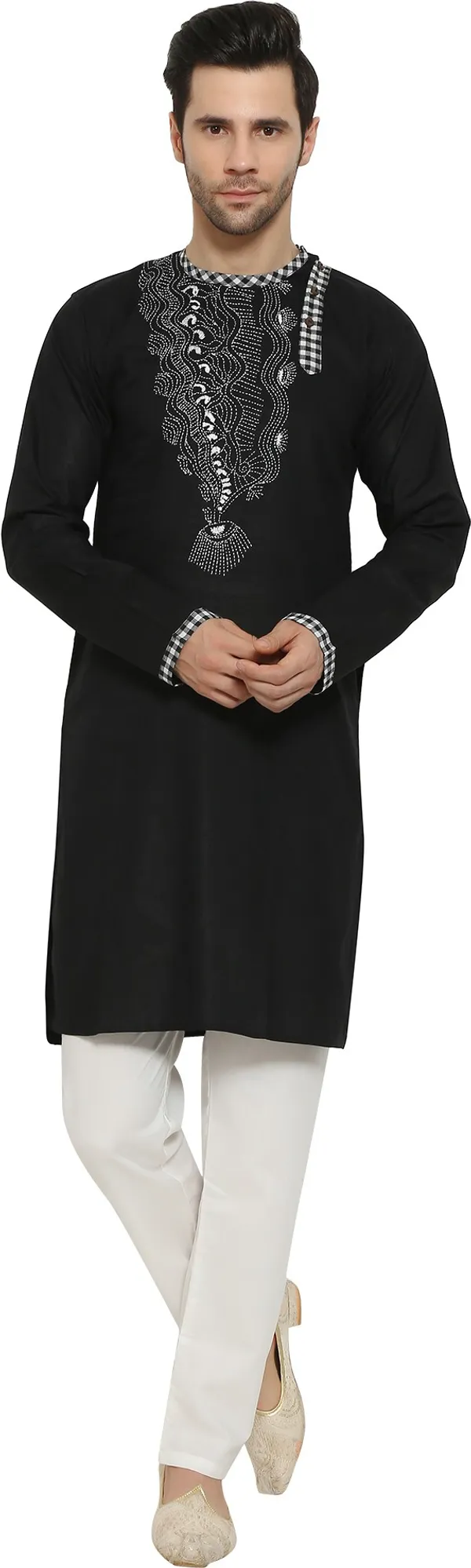 Black_&_White_Cotton_Blend_Round_Neck_Embroidered_Kurta_&_Pyjama_Set_For_Men