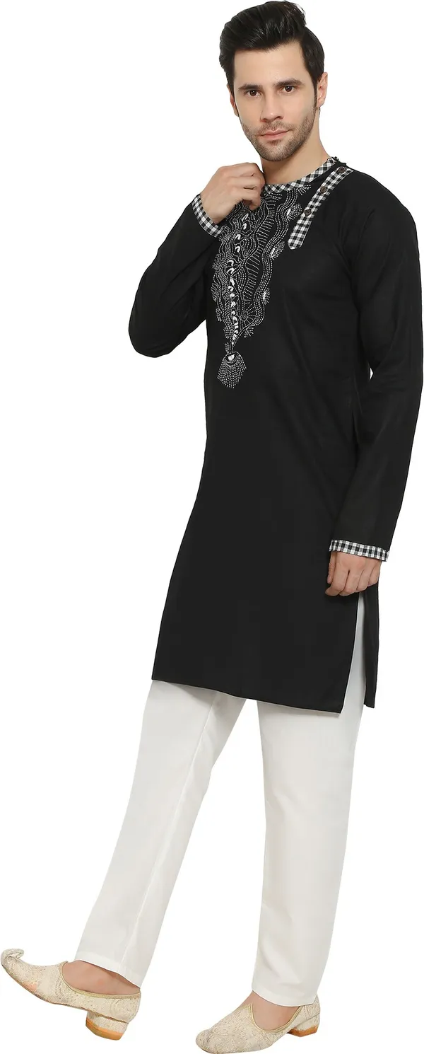 Black_&_White_Cotton_Blend_Round_Neck_Embroidered_Kurta_&_Pyjama_Set_For_Men