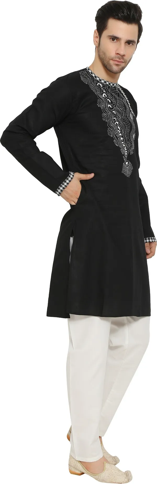 Black_&_White_Cotton_Blend_Round_Neck_Embroidered_Kurta_&_Pyjama_Set_For_Men