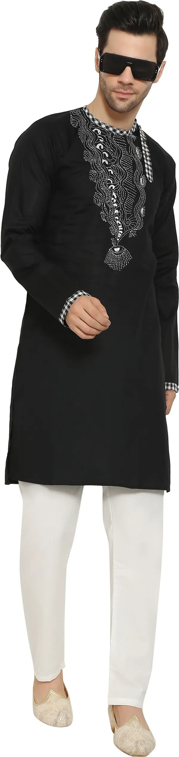 Black_&_White_Cotton_Blend_Round_Neck_Embroidered_Kurta_&_Pyjama_Set_For_Men