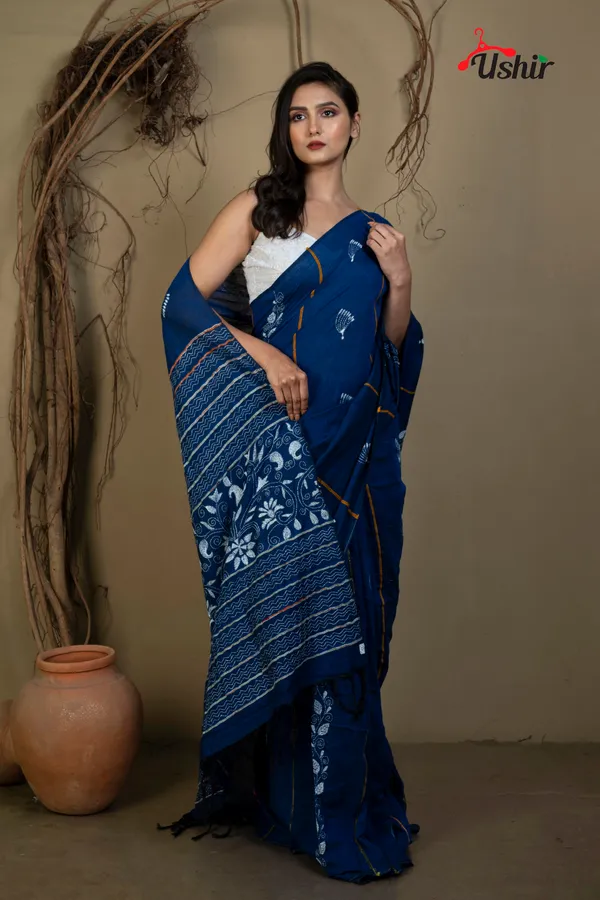 BLUE_Cotton_Kanthastitch_HAND_WORK_Saree