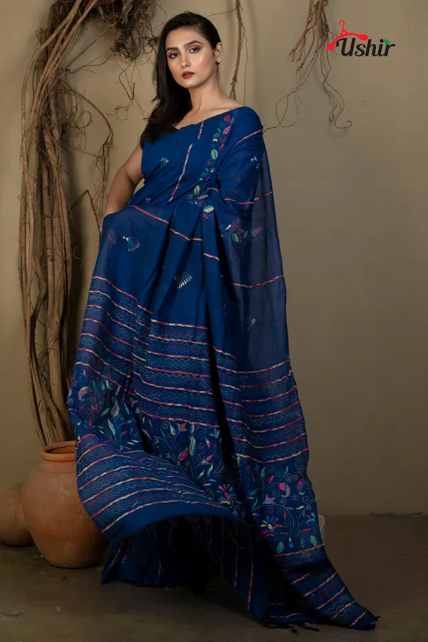 BLUE_Cotton_Kanthastitch_HAND_WORK_Saree
