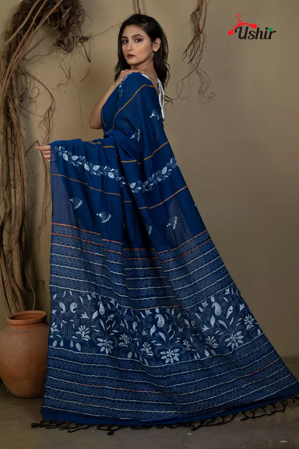 BLUE_Cotton_Kanthastitch_HAND_WORK_Saree