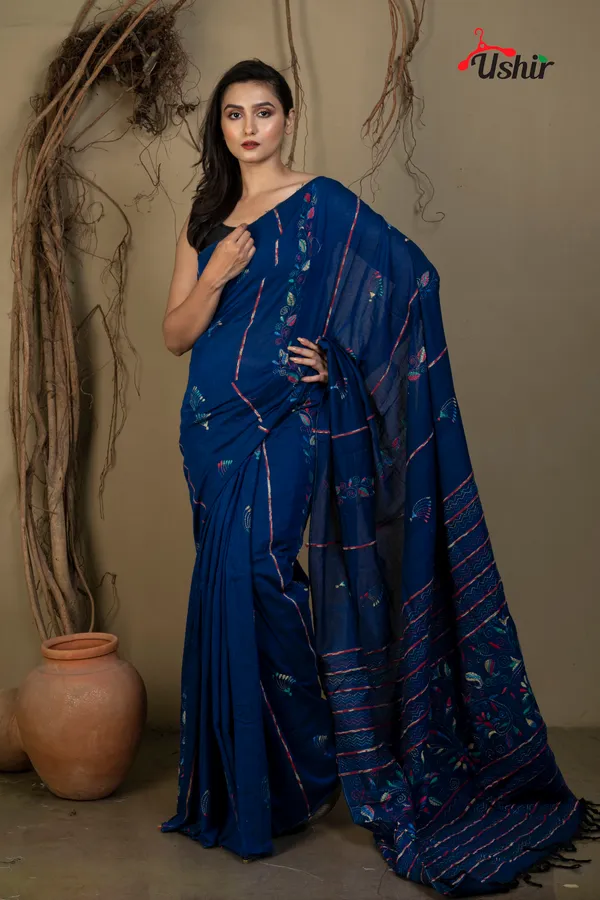 BLUE_Cotton_Kanthastitch_HAND_WORK_Saree
