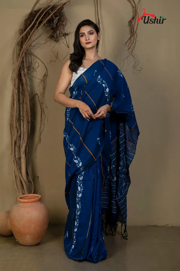 BLUE_Cotton_Kanthastitch_HAND_WORK_Saree
