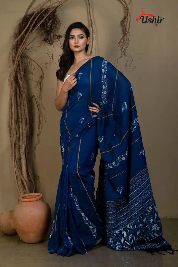 BLUE_Cotton_Kanthastitch_HAND_WORK_Saree