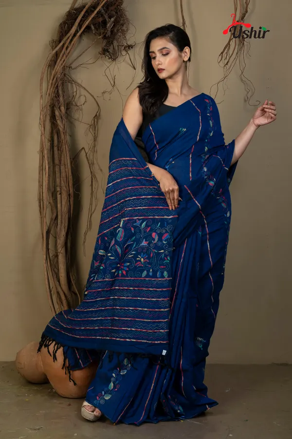 BLUE_Cotton_Kanthastitch_HAND_WORK_Saree