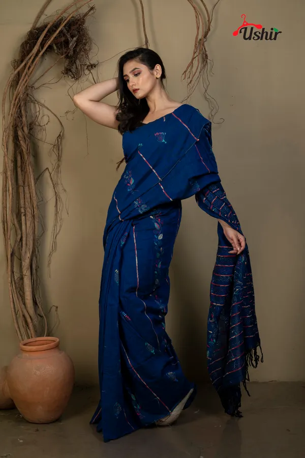 BLUE_Cotton_Kanthastitch_HAND_WORK_Saree