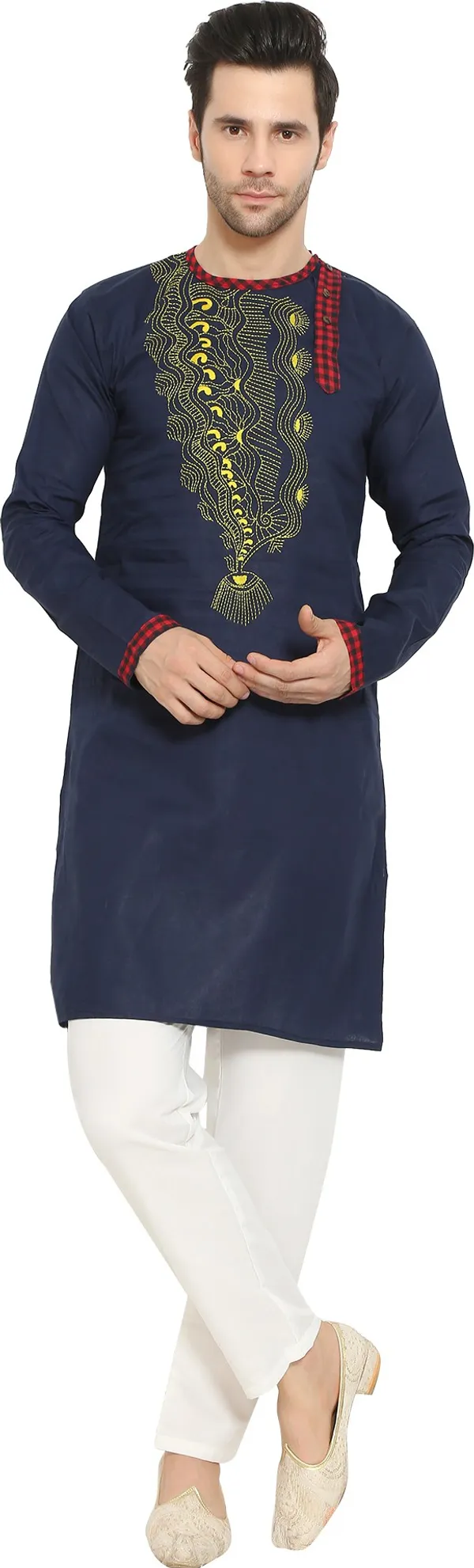 Blue_&_White_Cotton_Blend_Round_Neck_Embroidered_Kurta_&_Pyjama_Set_For_Men