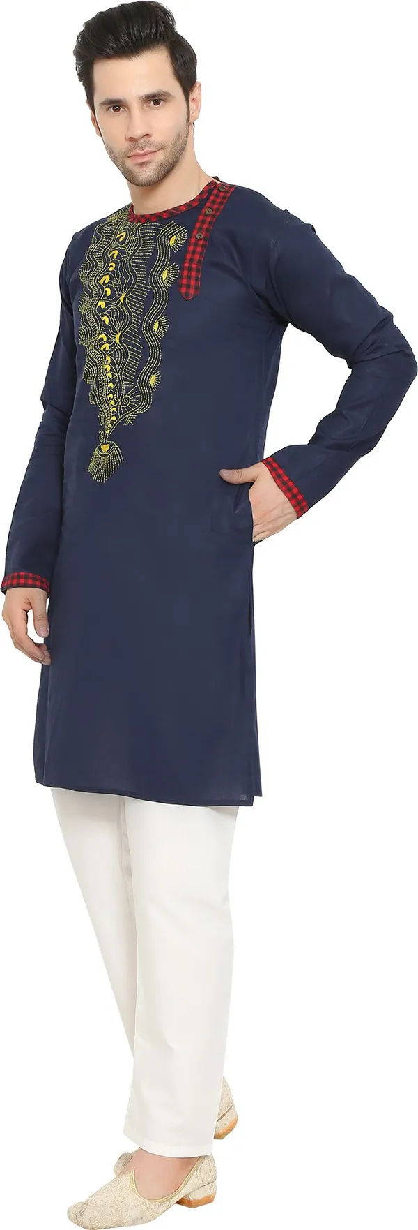 Blue_&_White_Cotton_Blend_Round_Neck_Embroidered_Kurta_&_Pyjama_Set_For_Men