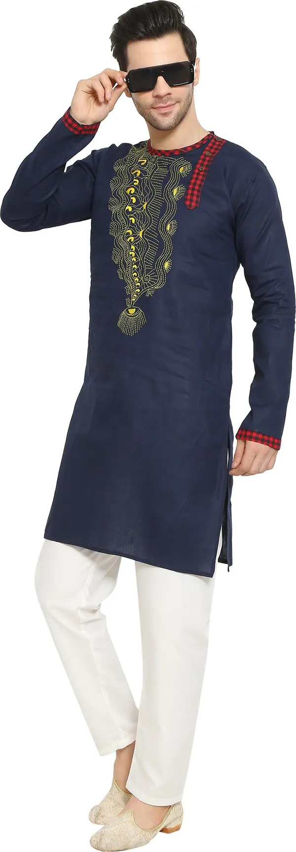 Blue_&_White_Cotton_Blend_Round_Neck_Embroidered_Kurta_&_Pyjama_Set_For_Men