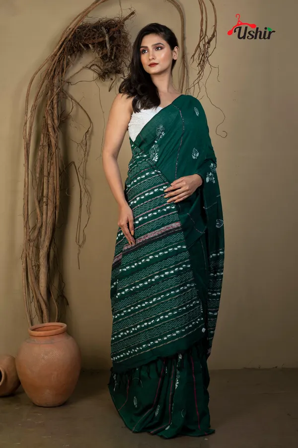 Bgreen_cotton_kanthastitch_saree