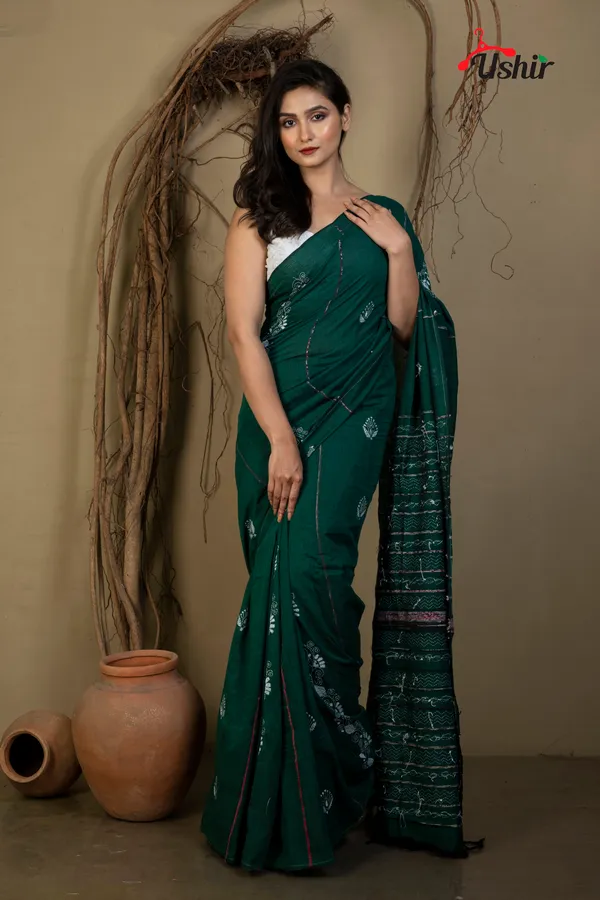 Bgreen_cotton_kanthastitch_saree