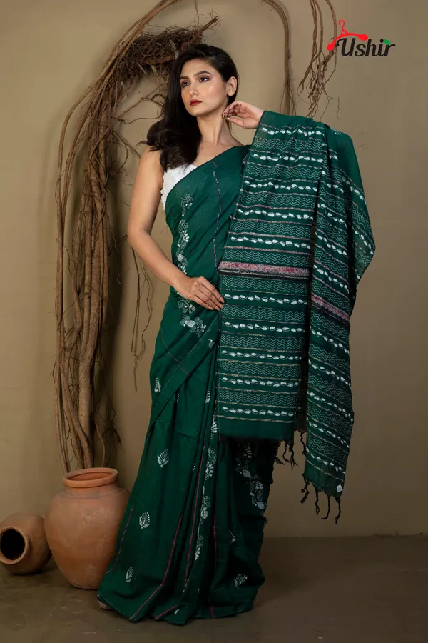Bgreen_cotton_kanthastitch_saree