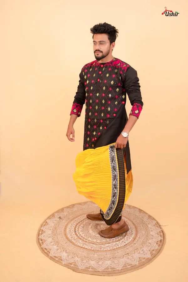 Black_&_Pink_Color_Cotton_Kurta_With_Dhoti__And_Saree_Combo_Set