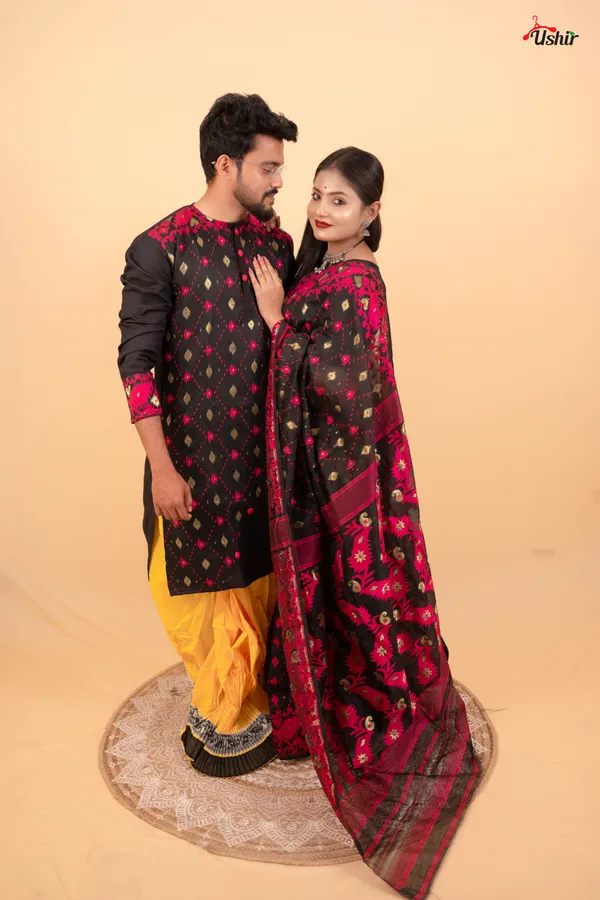 Black_&_Pink_Color_Cotton_Kurta_With_Dhoti__And_Saree_Combo_Set