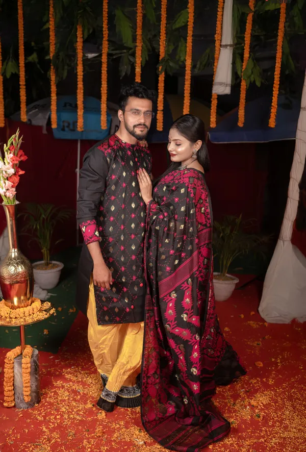 Black_&_Pink_Color_Cotton_Kurta_With_Dhoti__And_Saree_Combo_Set
