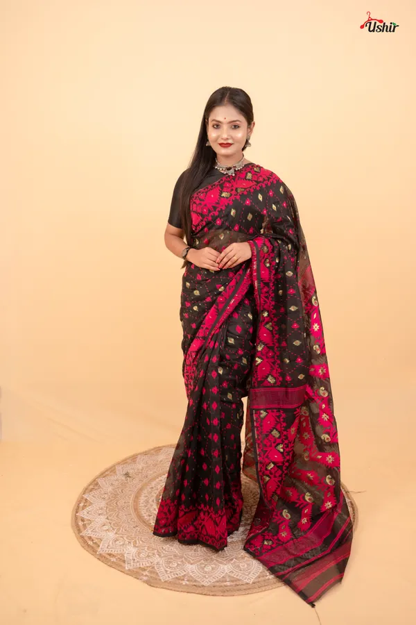 Black_&_Pink_Color_Cotton_Kurta_With_Dhoti__And_Saree_Combo_Set