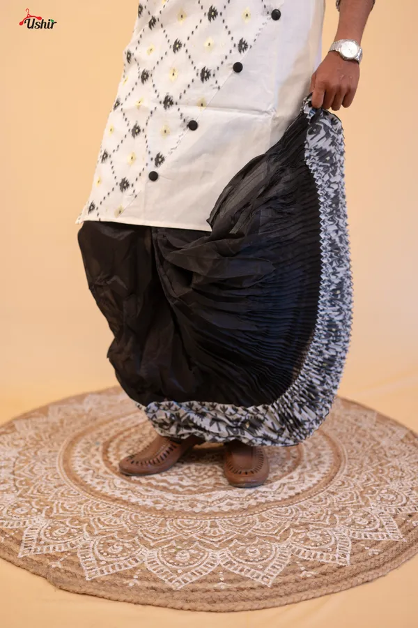 Black_&_White_Color_Cotton_Kurta_With_Dhoti_And_Saree_Combo_Set