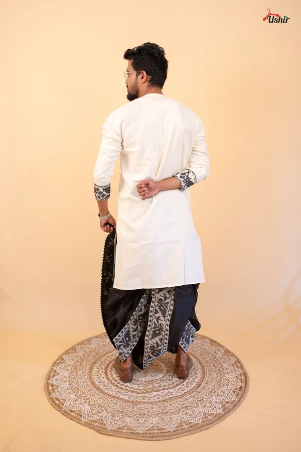 Black_&_White_Color_Cotton_Kurta_With_Dhoti_And_Saree_Combo_Set