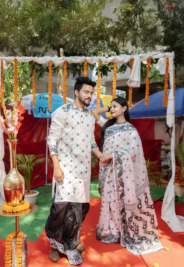 Black_&_White_Color_Cotton_Kurta_With_Dhoti_And_Saree_Combo_Set
