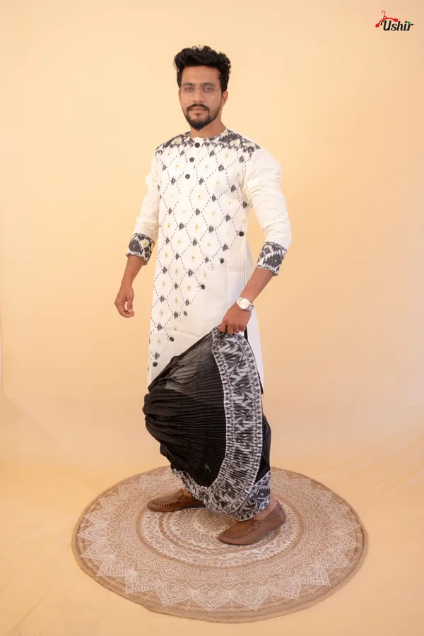Black_&_White_Color_Cotton_Kurta_With_Dhoti_And_Saree_Combo_Set