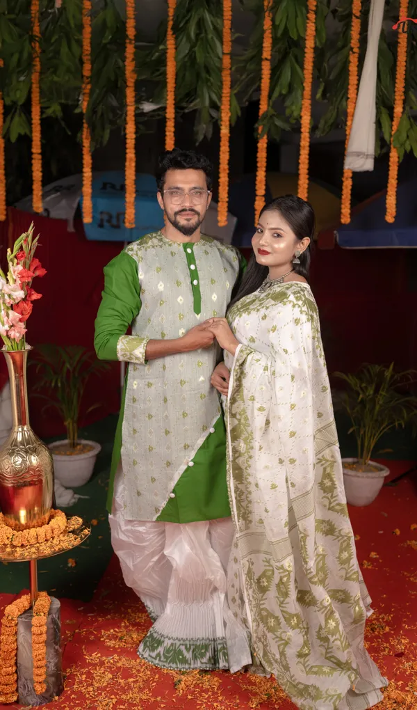 Bottle_Green_&_White_Saree_And_Kurta_With_Dhoti_Combo_Set