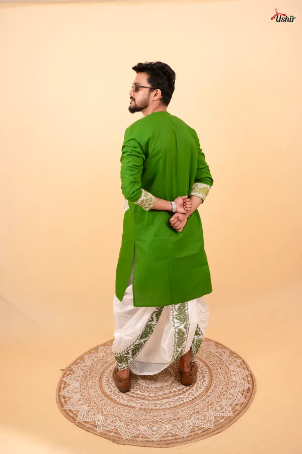 Bottle_Green_&_White_Saree_And_Kurta_With_Dhoti_Combo_Set