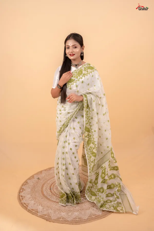 Bottle_Green_&_White_Saree_And_Kurta_With_Dhoti_Combo_Set