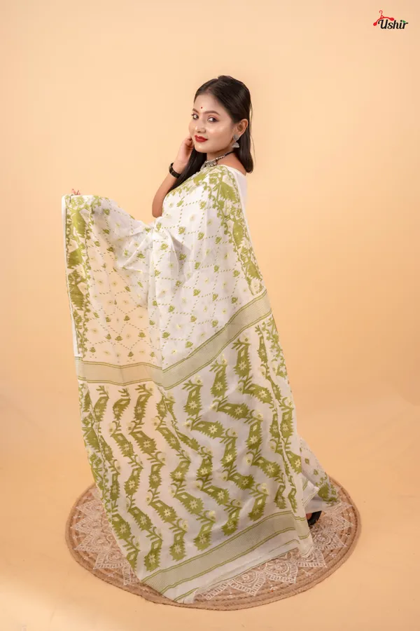 Bottle_Green_&_White_Saree_And_Kurta_With_Dhoti_Combo_Set