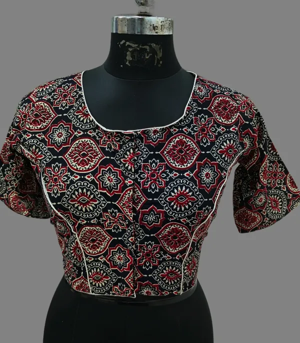 Black_Stitched_Round_Neck_Casual_Printed_Pure_Cotton_Blouse_For_Women
