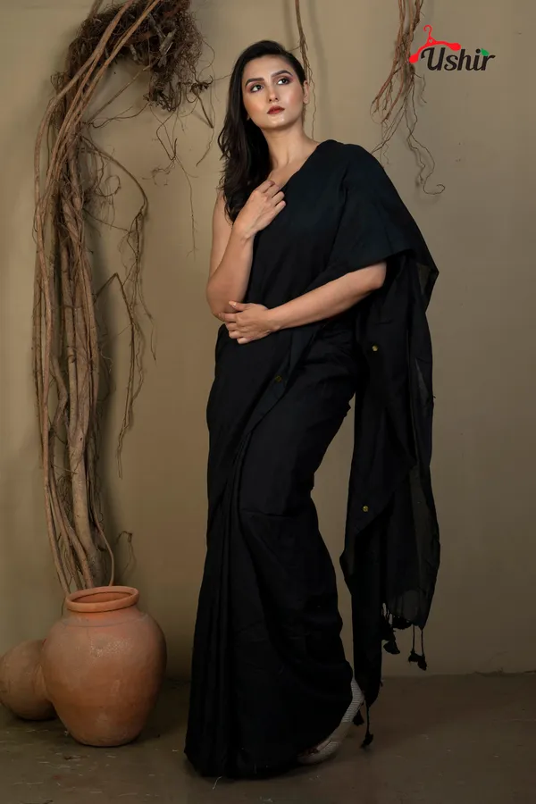 Black_Solid_Self_Design_Sequence_Cotton_Saree
