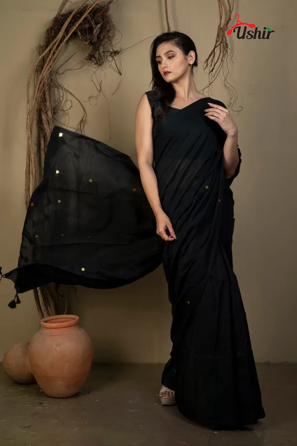 Black_Solid_Self_Design_Sequence_Cotton_Saree
