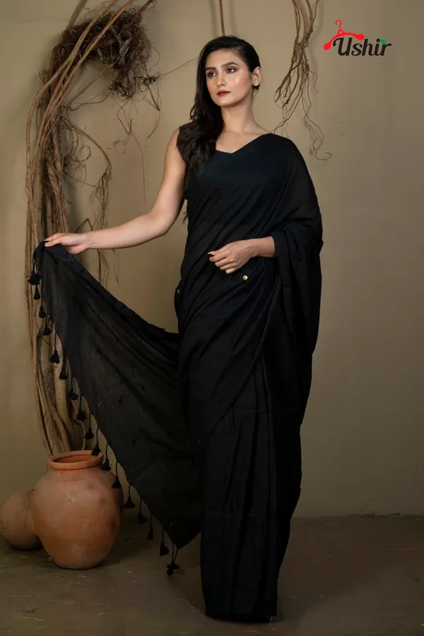 Black_Solid_Self_Design_Sequence_Cotton_Saree