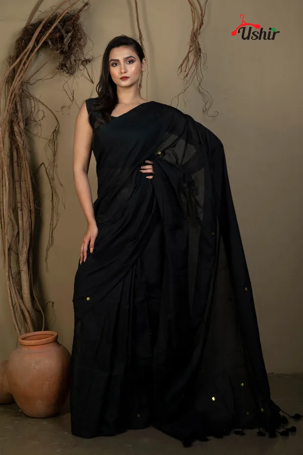 Black_Solid_Self_Design_Sequence_Cotton_Saree