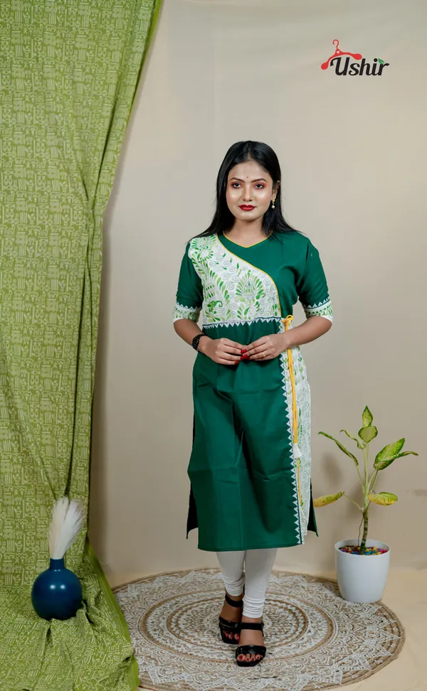 Kantha_stitch_angrakha_bottle_green_multi_kurti