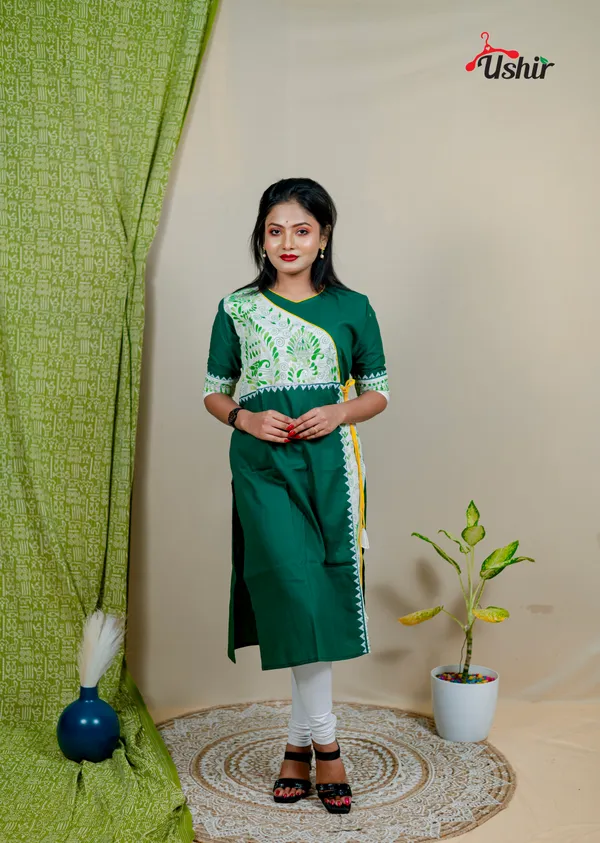 Kantha_stitch_angrakha_bottle_green_multi_kurti