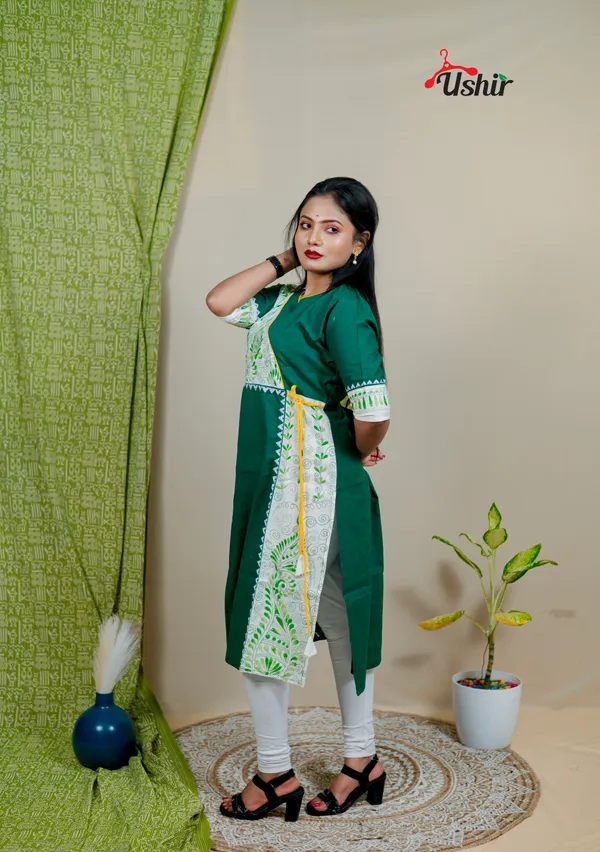 Kantha_stitch_angrakha_bottle_green_multi_kurti