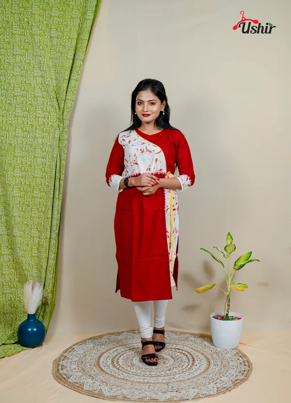 Kantha_stitch_angrakha_maroon_multi_kurti