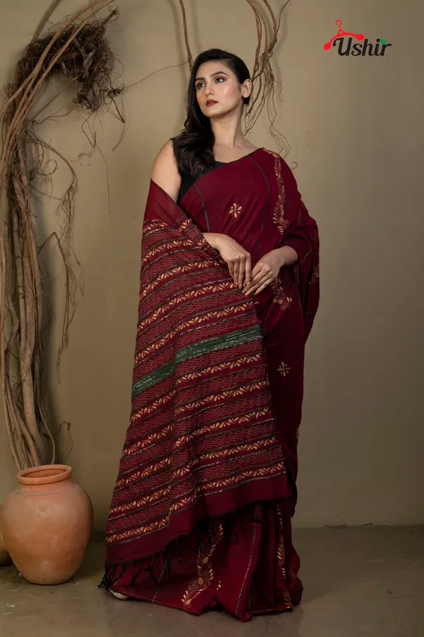 MAROON_Cotton_Kanthastitch_HAND_WORK_Saree