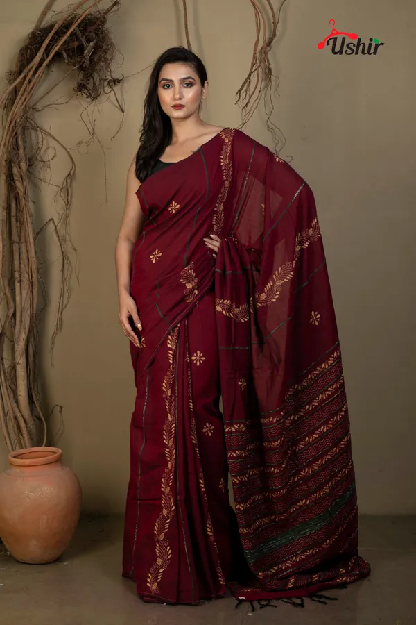 MAROON_Cotton_Kanthastitch_HAND_WORK_Saree