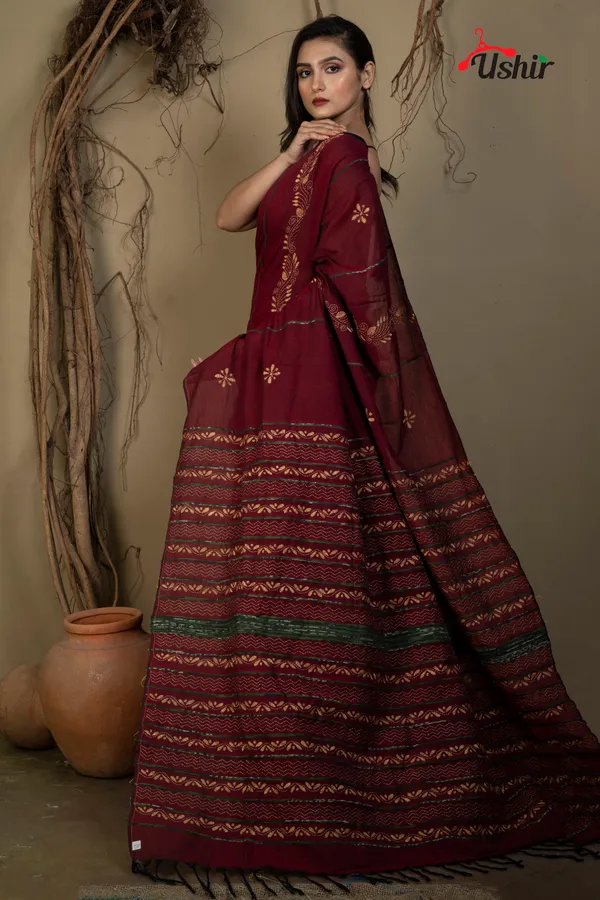 MAROON_Cotton_Kanthastitch_HAND_WORK_Saree