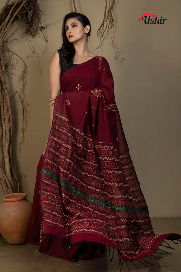 MAROON_Cotton_Kanthastitch_HAND_WORK_Saree