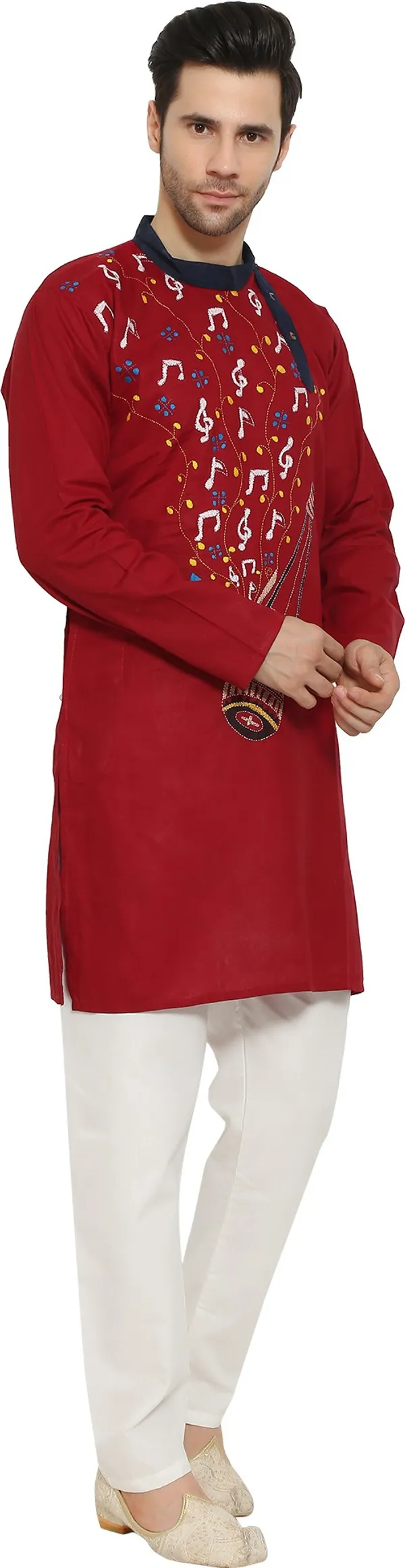 Maroon_&_White_Cotton_Blend_Round_Neck_Embroidered_Kurta_&_Pyjama_Set_For_Men