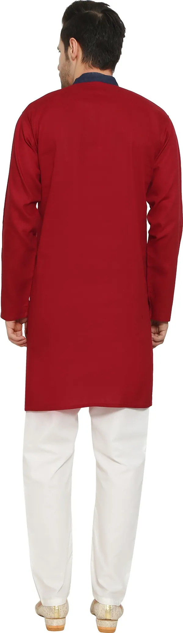 Maroon_&_White_Cotton_Blend_Round_Neck_Embroidered_Kurta_&_Pyjama_Set_For_Men